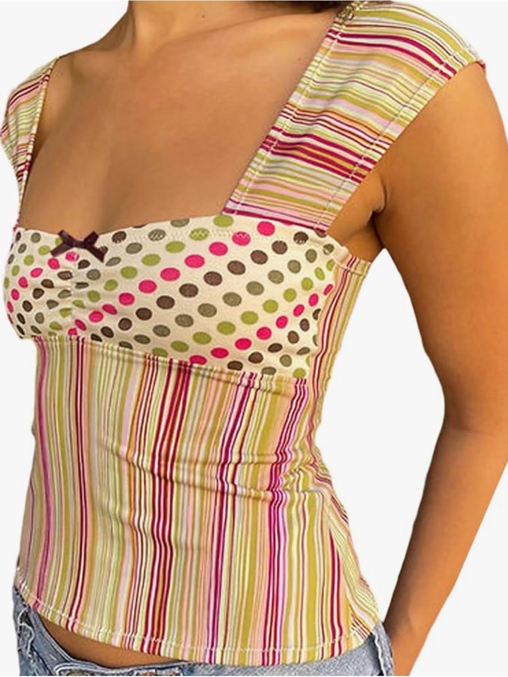 Polka Dot & Stripe Cap Sleeve Tank Top in Pink and Green